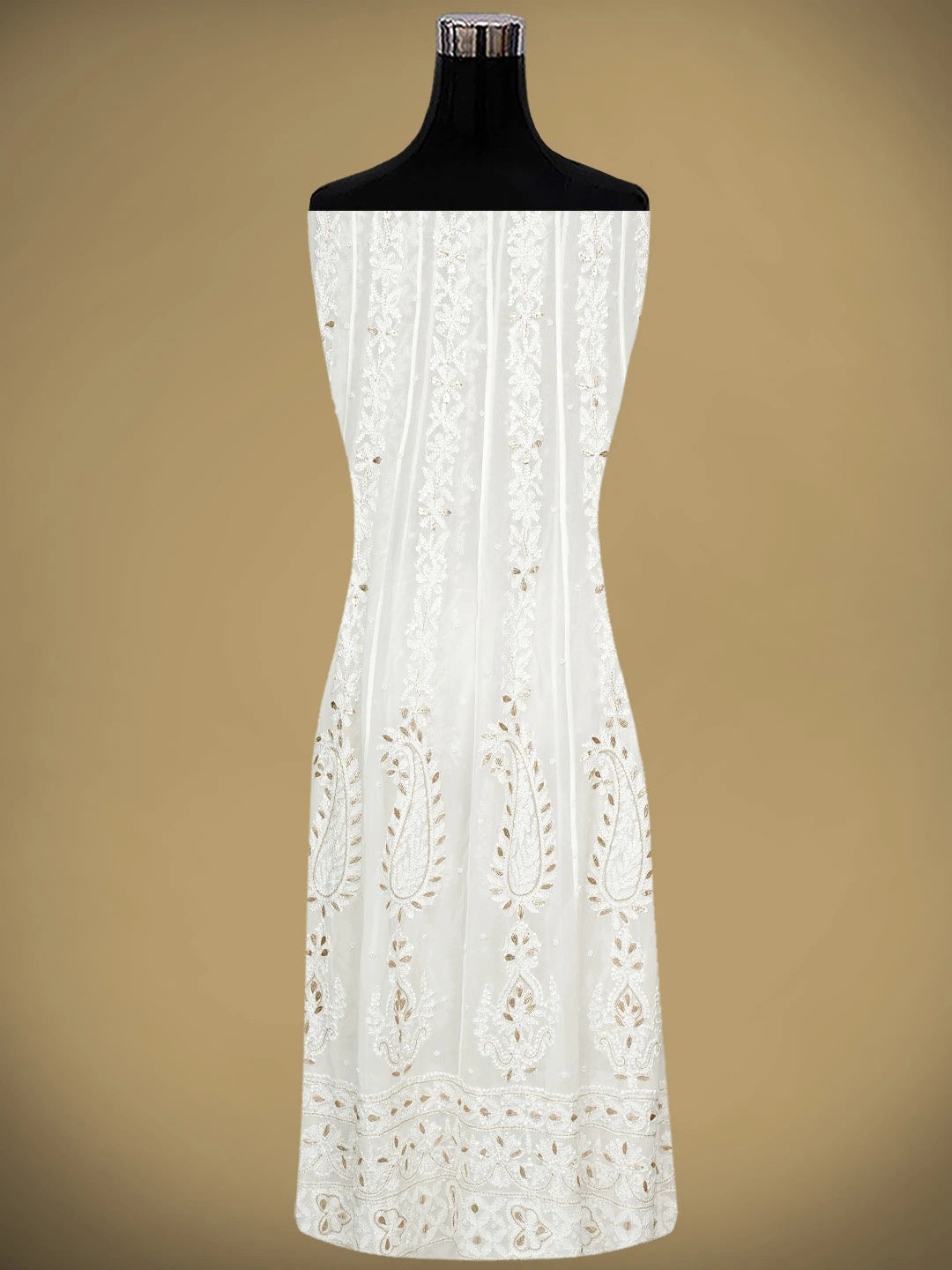 Ada Hand Embroidered Snow White Viscose Gerogette Lucknowi Chikankari Semi-Stitched Anarkali Kurta Dupatta Set With Zari Work 01A939819