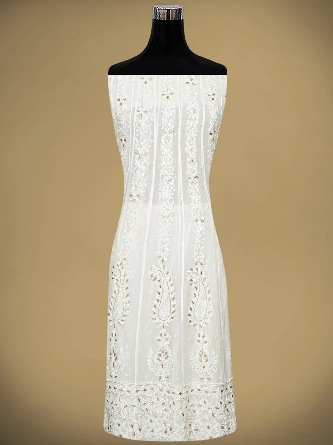 Ada Hand Embroidered Snow White Viscose Gerogette Lucknowi Chikankari Semi-Stitched Anarkali Kurta Dupatta Set With Zari Work 01A939819