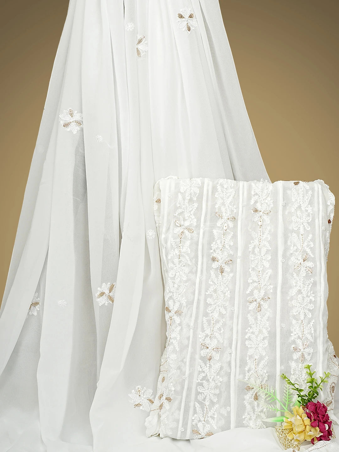 Ada Hand Embroidered Snow White Viscose Gerogette Lucknowi Chikankari Semi-Stitched Anarkali Kurta Dupatta Set With Zari Work 01A939819