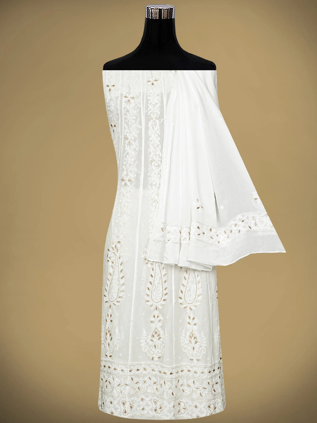 Ada Hand Embroidered Snow White Viscose Gerogette Lucknowi Chikankari Semi-Stitched Anarkali Kurta Dupatta Set With Zari Work 01A939819
