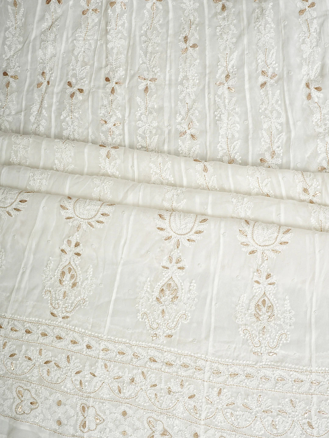 Ada Hand Embroidered Snow White Viscose Gerogette Lucknowi Chikankari Semi-Stitched Anarkali Kurta Dupatta Set With Zari Work 01A939819