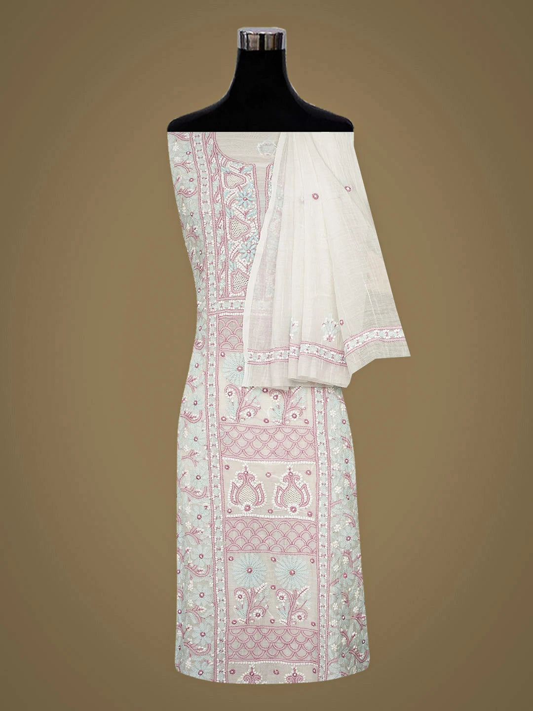 Ada Hand Embroidered White Chanderi Lucknowi Chikankari Unstitched Kurta Dupatta Set 01A944338