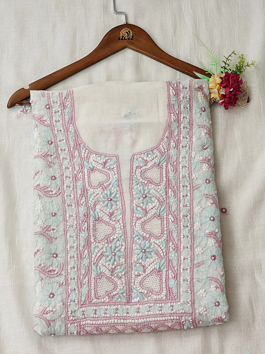Ada Hand Embroidered White Chanderi Lucknowi Chikankari Unstitched Kurta Dupatta Set 01A944338