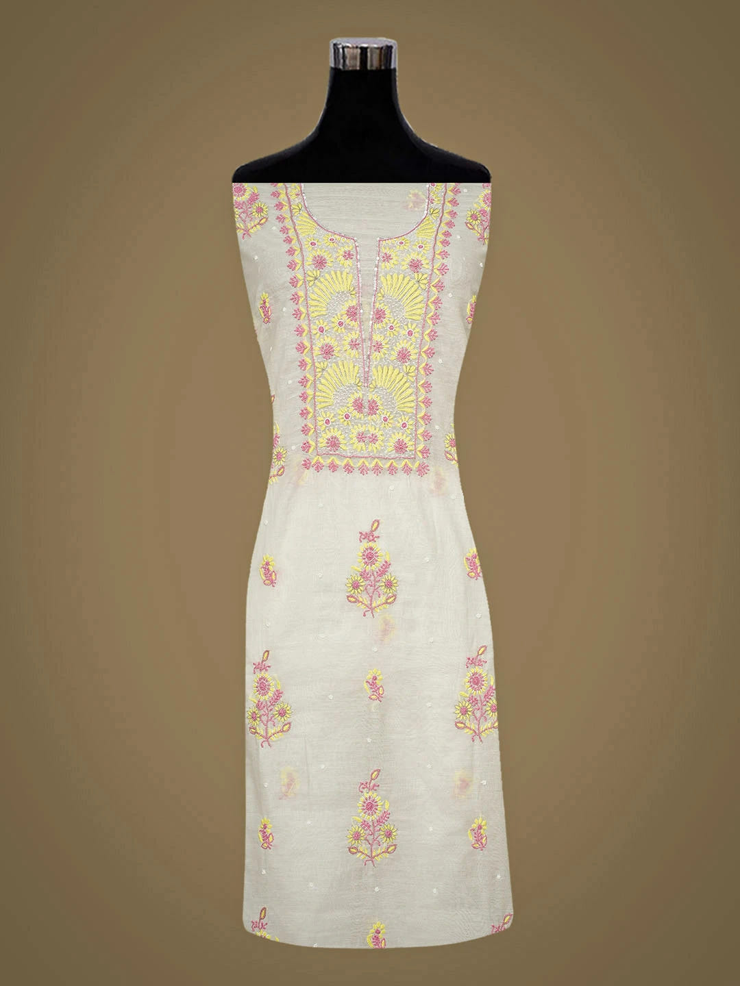 Ada Hand Embroidered White Chanderi Lucknowi Chikankari Unstitched Kurta Dupatta Set With Pearl Work 01A946329
