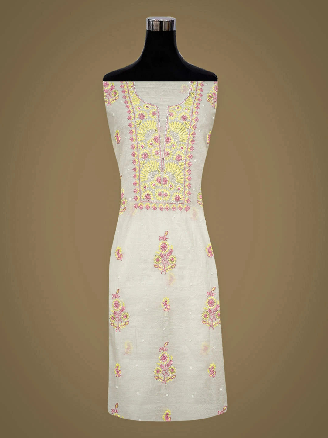 Ada Hand Embroidered White Chanderi Lucknowi Chikankari Unstitched Kurta Dupatta Set With Pearl Work 01A946329