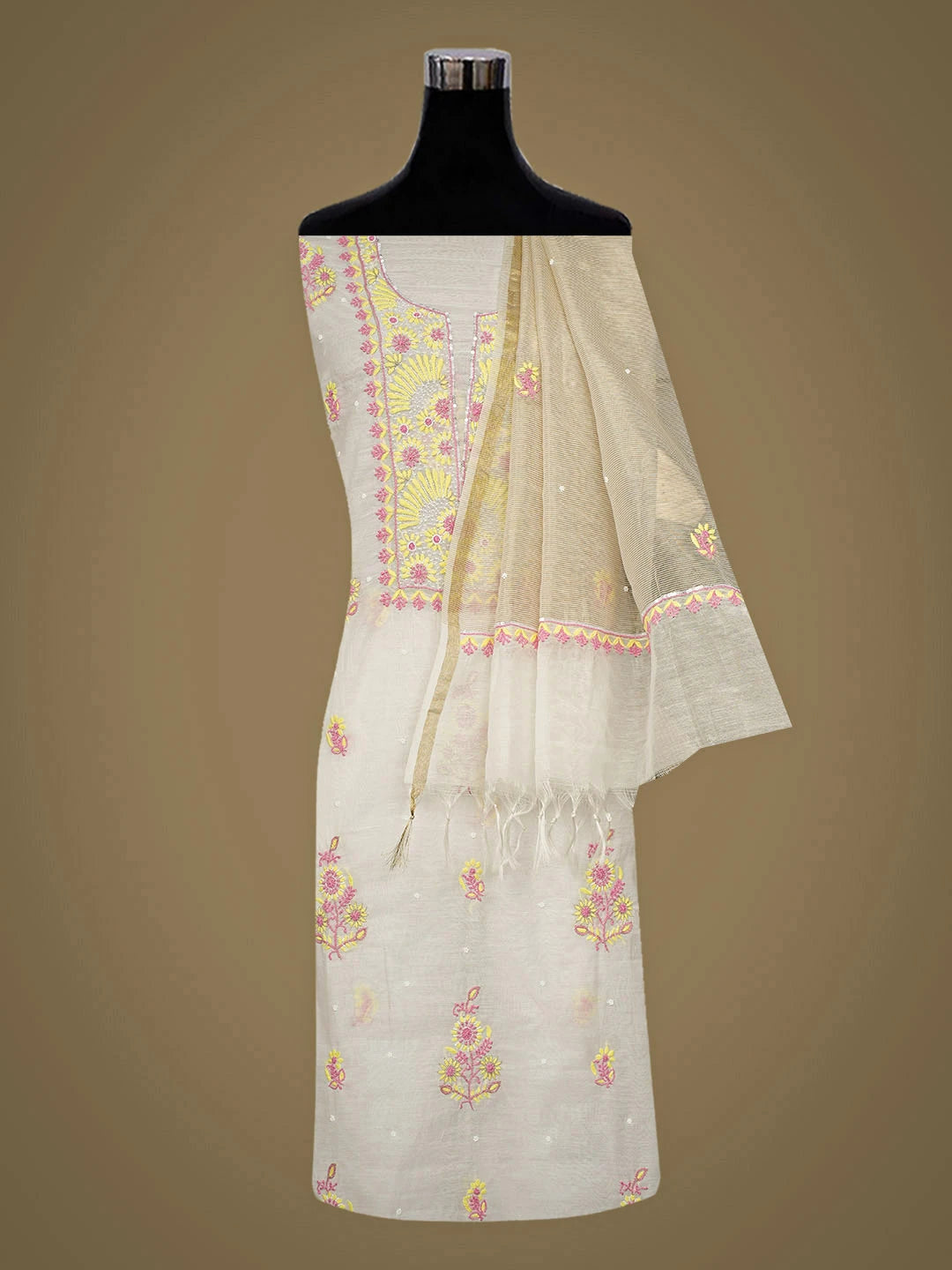 Ada Hand Embroidered White Chanderi Lucknowi Chikankari Unstitched Kurta Dupatta Set With Pearl Work 01A946329