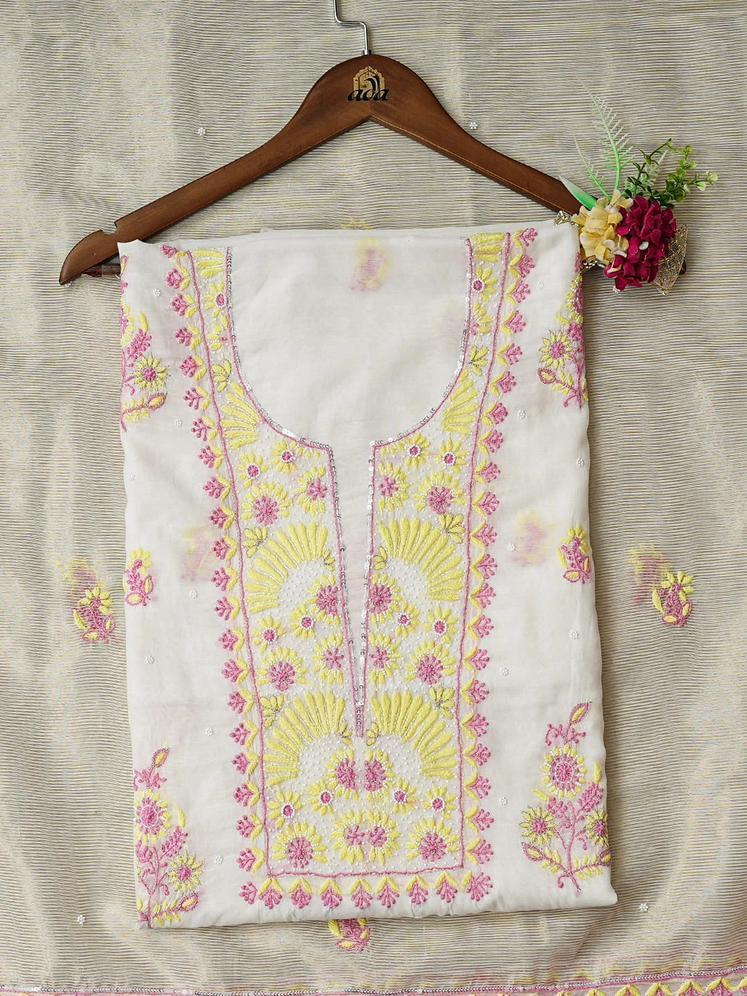 Ada Hand Embroidered White Chanderi Lucknowi Chikankari Unstitched Kurta Dupatta Set With Pearl Work 01A946329