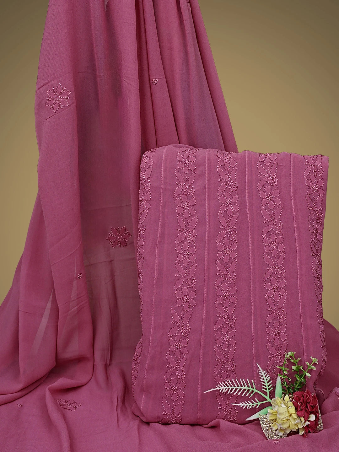 Ada Hand Embroidered Onion Pink Viscose Georgette Lucknowi Chikankari Semi-stitched Anarkali Kurta Dupatta Set 01A901364