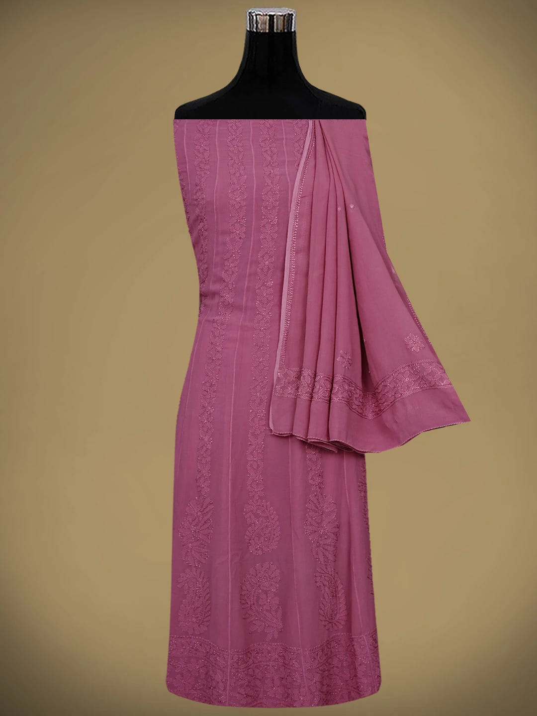 Ada Hand Embroidered Onion Pink Viscose Georgette Lucknowi Chikankari Semi-stitched Anarkali Kurta Dupatta Set 01A901364
