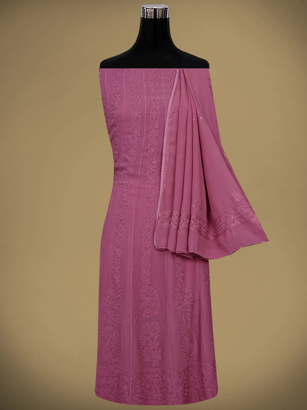 Ada Hand Embroidered Onion Pink Viscose Georgette Lucknowi Chikankari Semi-stitched Anarkali Kurta Dupatta Set 01A901364