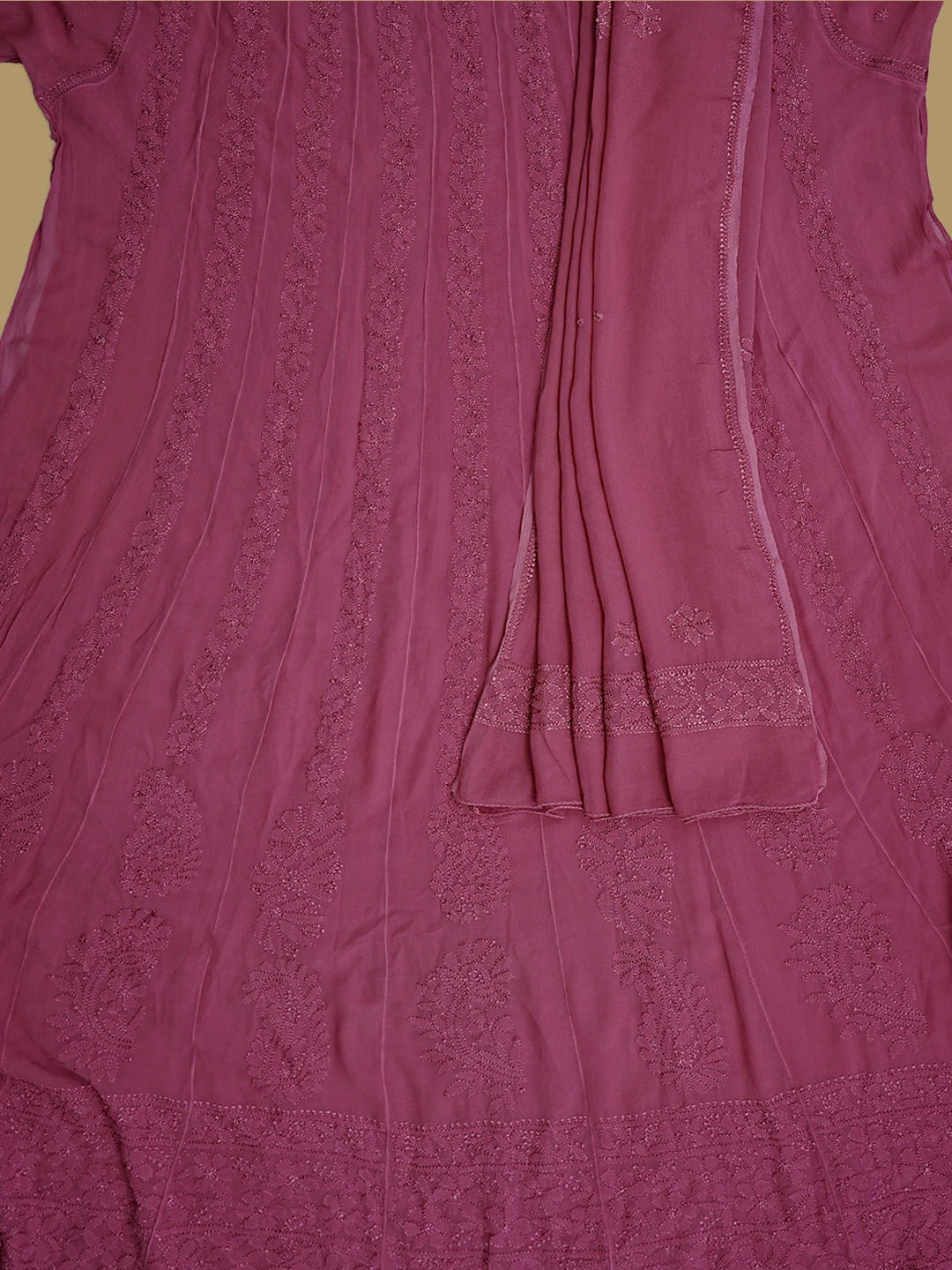Ada Hand Embroidered Onion Pink Viscose Georgette Lucknowi Chikankari Semi-stitched Anarkali Kurta Dupatta Set 01A901364