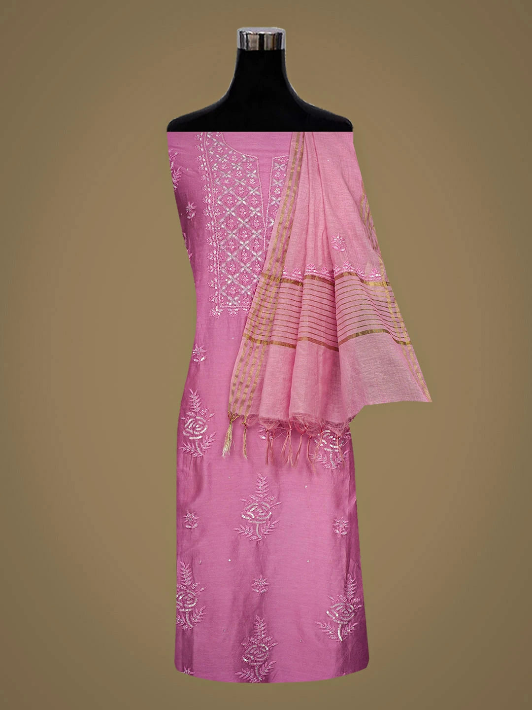 Ada Hand Embroidered Pink Chanderi Lucknowi Chikankari Unstitched Kurta Dupatta Set With Cutdana Work 01A639189