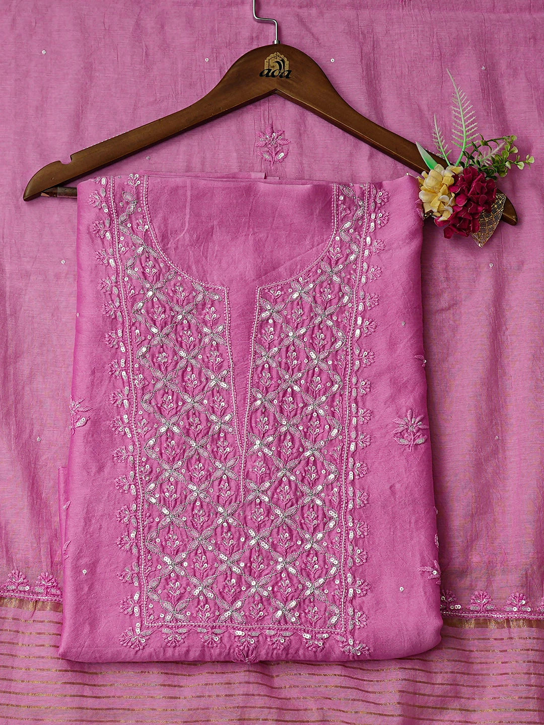 Ada Hand Embroidered Pink Chanderi Lucknowi Chikankari Unstitched Kurta Dupatta Set With Cutdana Work 01A639189