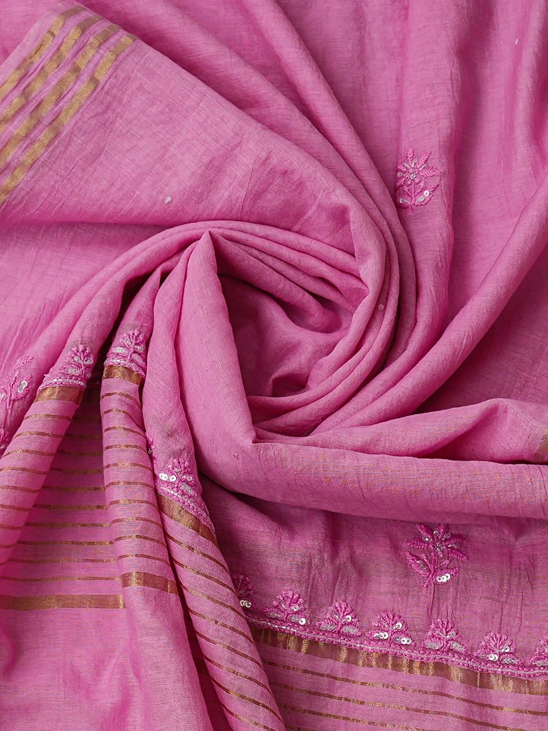 Ada Hand Embroidered Pink Chanderi Lucknowi Chikankari Unstitched Kurta Dupatta Set With Cutdana Work 01A639189