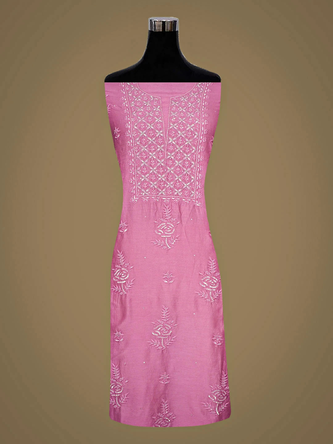 Ada Hand Embroidered Pink Chanderi Lucknowi Chikankari Unstitched Kurta Dupatta Set With Cutdana Work 01A639189