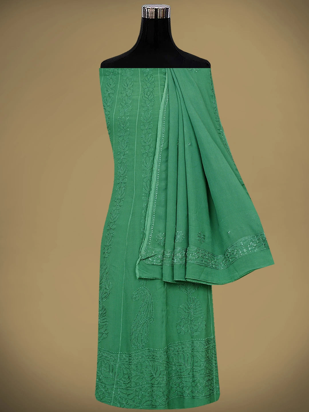 Ada Hand Embroidered Bottle Green Viscose Georgette Lucknowi Chikankari Semi-stitched Anarkali Kurta Dupatta Set 01A939824