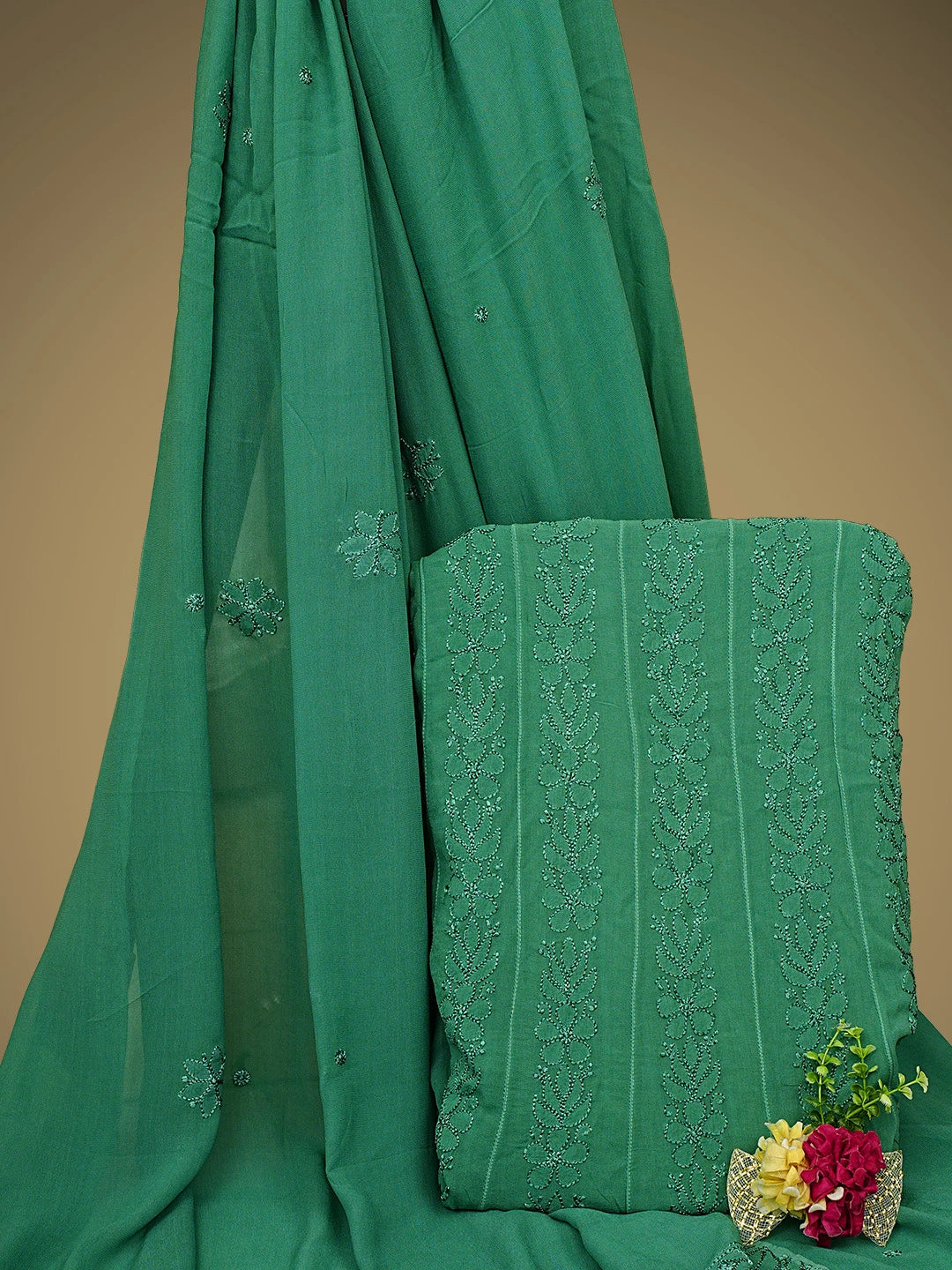 Ada Hand Embroidered Bottle Green Viscose Georgette Lucknowi Chikankari Semi-stitched Anarkali Kurta Dupatta Set 01A939824