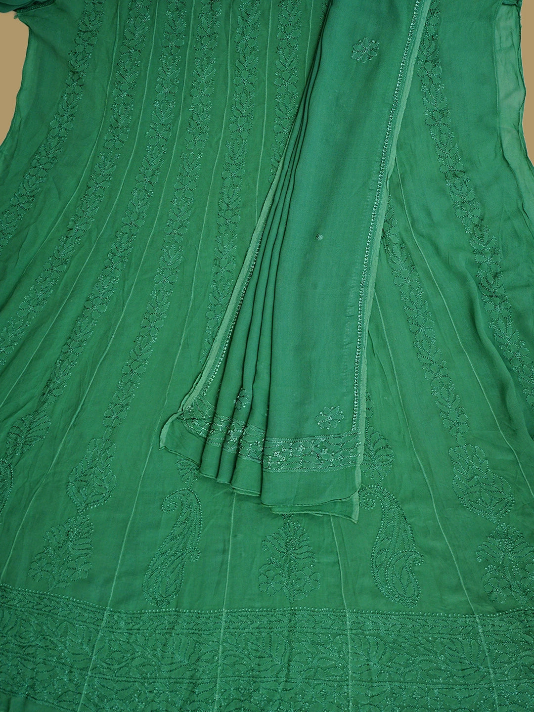 Ada Hand Embroidered Bottle Green Viscose Georgette Lucknowi Chikankari Semi-stitched Anarkali Kurta Dupatta Set 01A939824