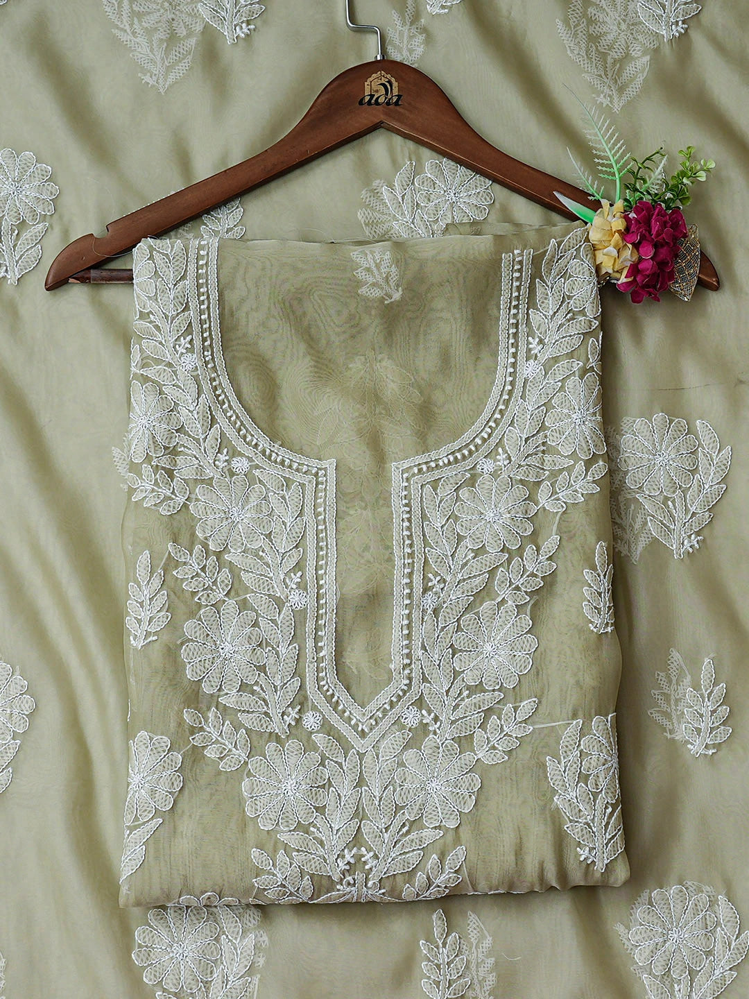 Ada Hand Embroidered Light Green Organza Lucknowi Chikankari Unstitched Kurta Dupatta Set 01A949051