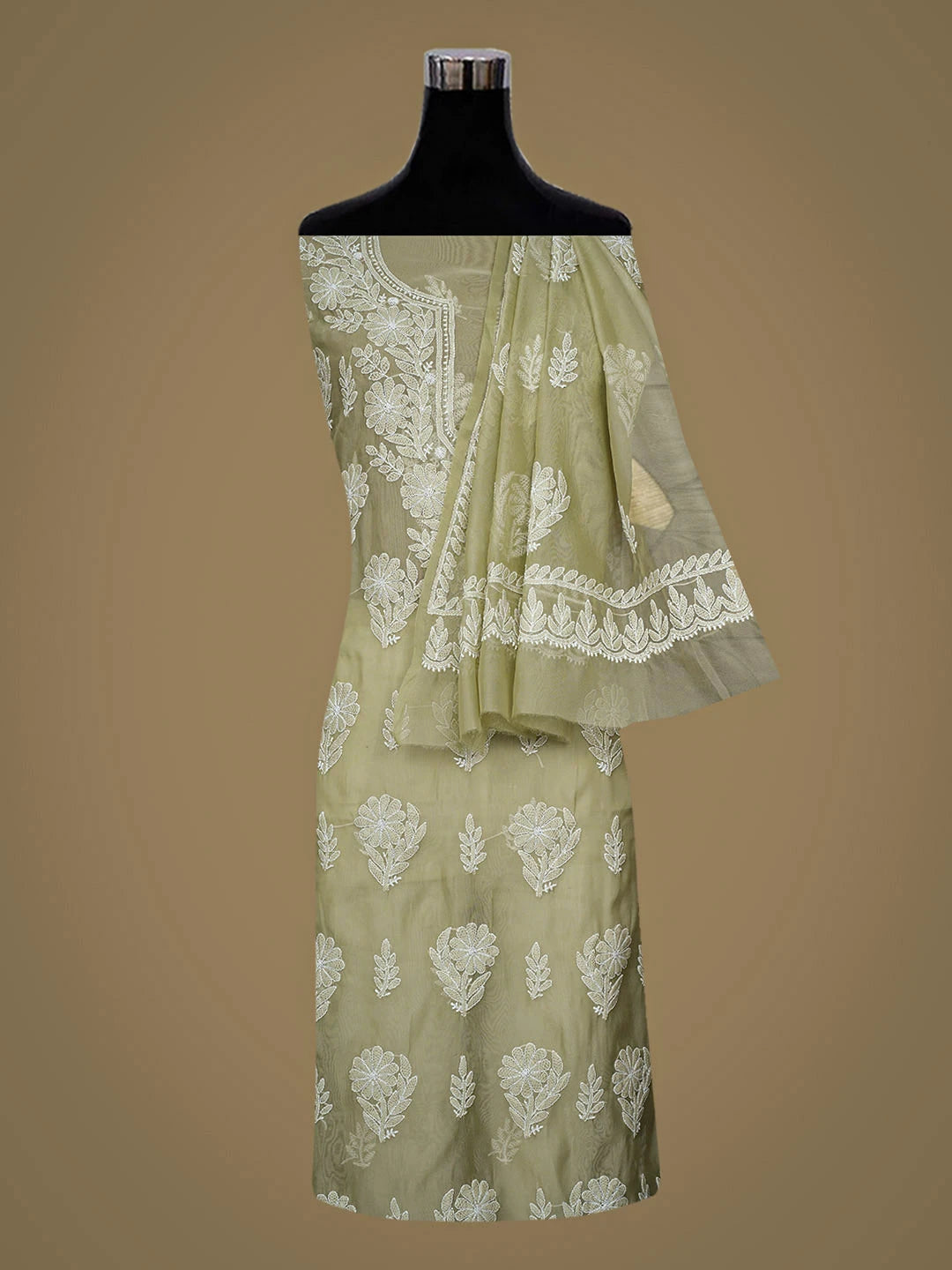 Ada Hand Embroidered Light Green Organza Lucknowi Chikankari Unstitched Kurta Dupatta Set 01A949051