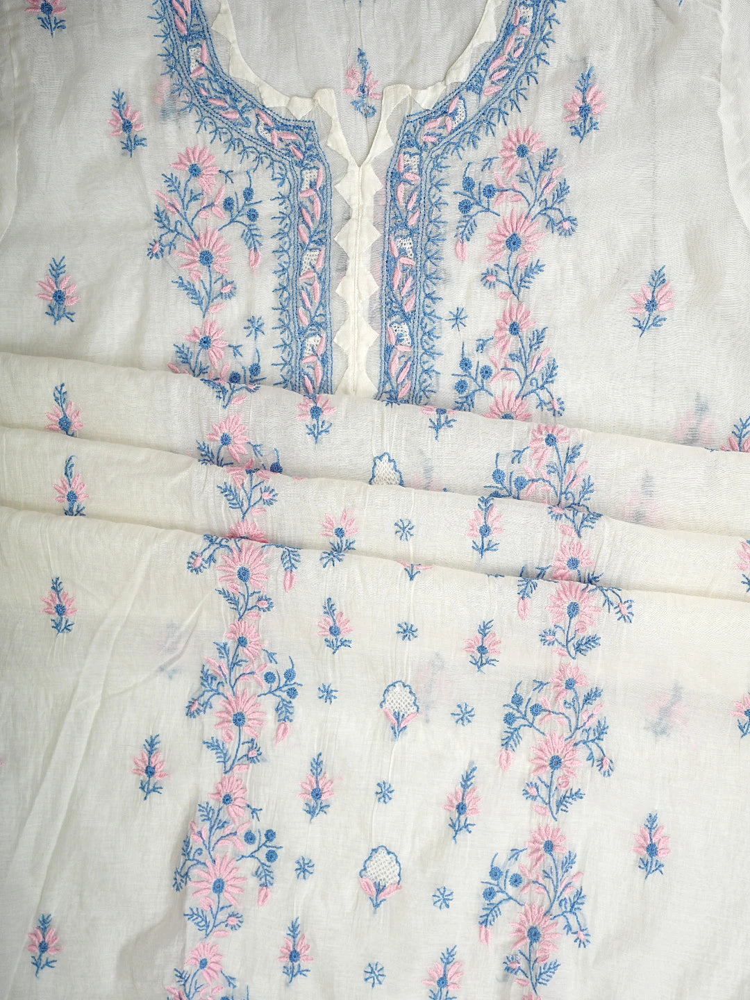 Ada Hand Embroidered Whte Ivory Chanderi Lucknowi Chikankari Semi-Stitched Kurta Dupatta Set 01A943657