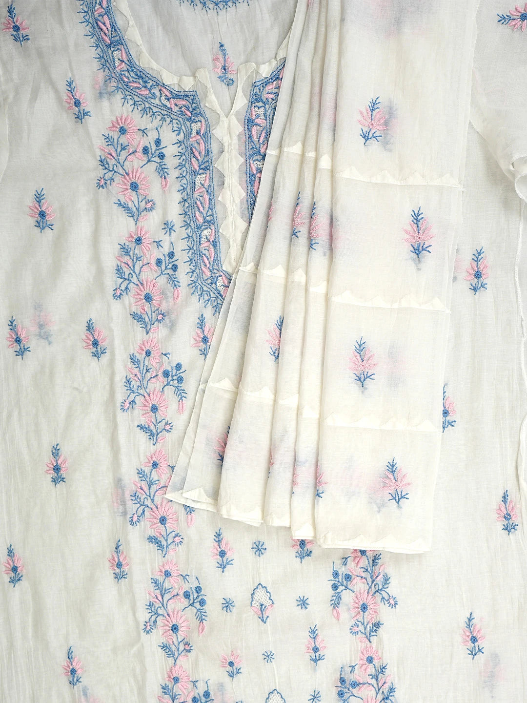 Ada Hand Embroidered Whte Ivory Chanderi Lucknowi Chikankari Semi-Stitched Kurta Dupatta Set 01A943657