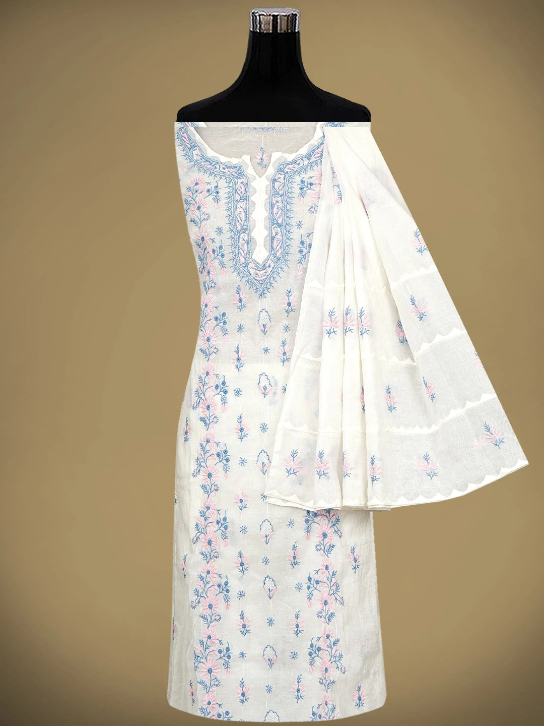Ada Hand Embroidered Whte Ivory Chanderi Lucknowi Chikankari Semi-Stitched Kurta Dupatta Set 01A943657