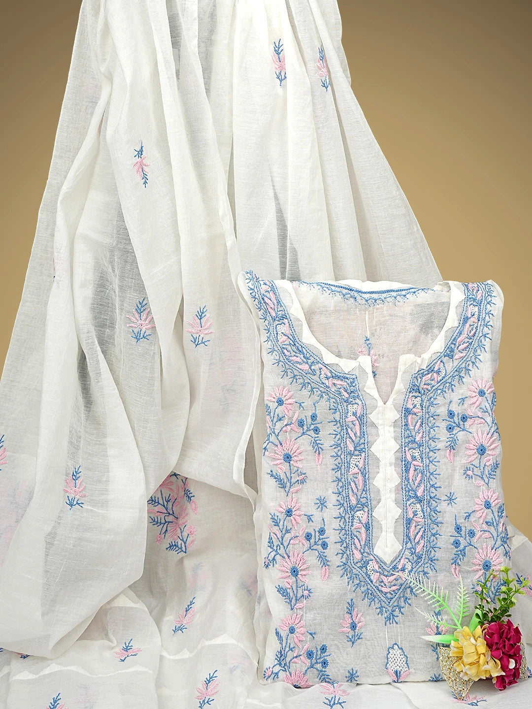 Ada Hand Embroidered Whte Ivory Chanderi Lucknowi Chikankari Semi-Stitched Kurta Dupatta Set 01A943657