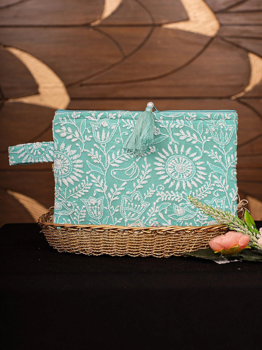 Ada Hand Embroidered Turquoise Pure Georgette Lucknowi Chikankari Pouch 01A937130