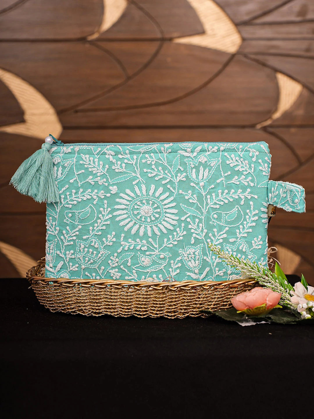Ada Hand Embroidered Turquoise Pure Georgette Lucknowi Chikankari Pouch 01A937130