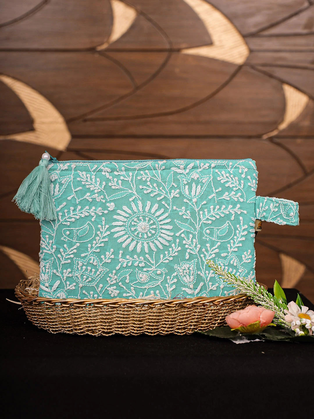 Ada Hand Embroidered Turquoise Pure Georgette Lucknowi Chikankari Pouch 01A937130