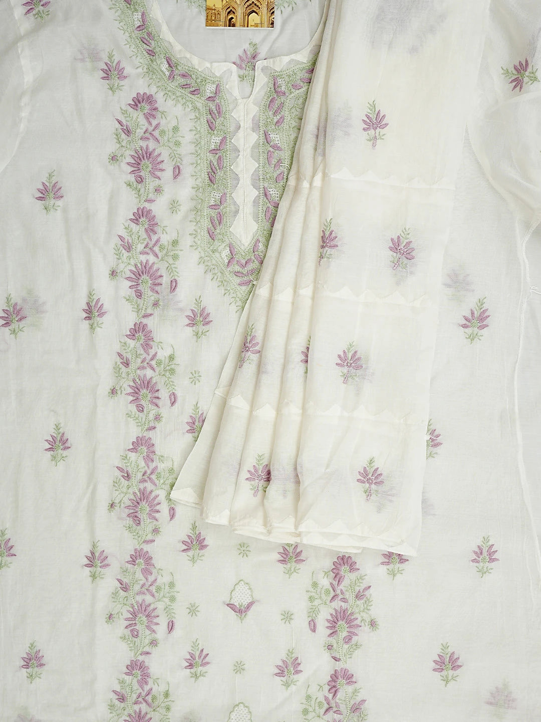 Ada Hand Embroidered White Chanderi Lucknowi Chikankari Semi-Stitched Kurta Dupatta Set 01A943660