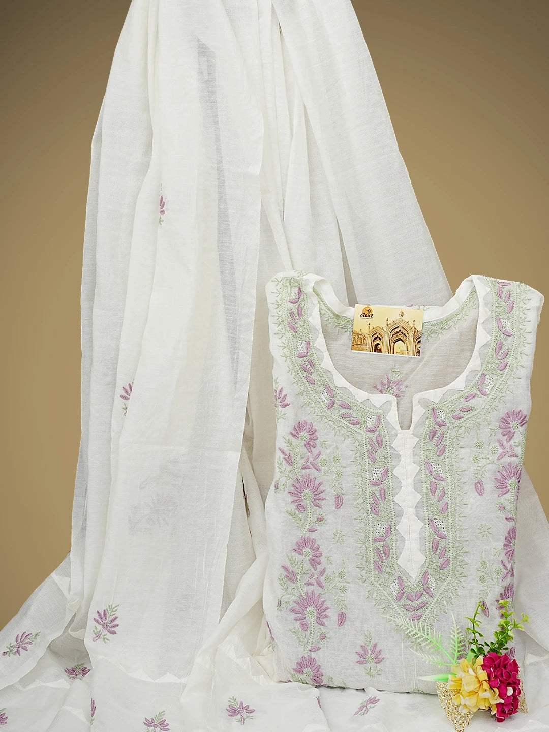 Ada Hand Embroidered White Chanderi Lucknowi Chikankari Semi-Stitched Kurta Dupatta Set 01A943660