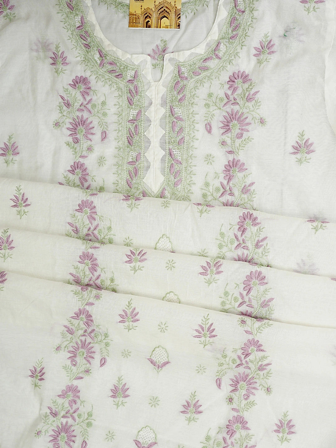 Ada Hand Embroidered White Chanderi Lucknowi Chikankari Semi-Stitched Kurta Dupatta Set 01A943660