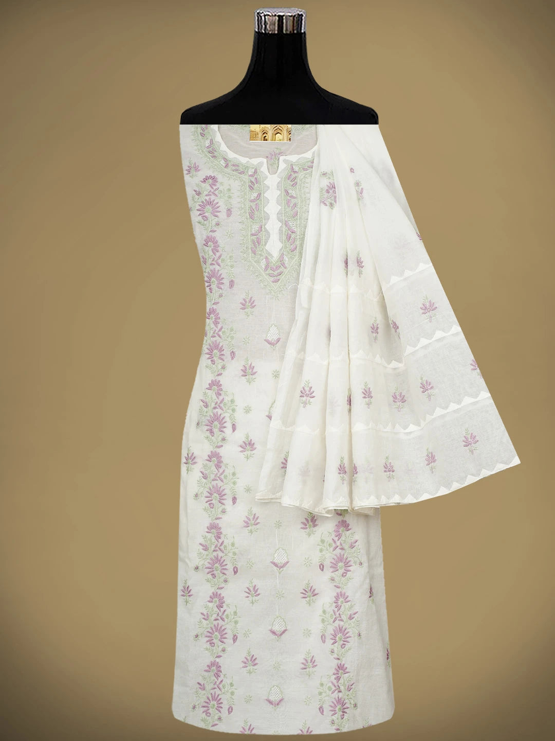 Ada Hand Embroidered White Chanderi Lucknowi Chikankari Semi-Stitched Kurta Dupatta Set 01A943660