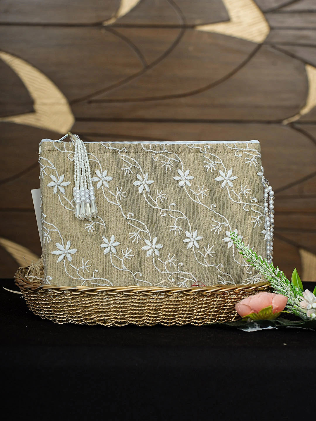 Ada Hand Embroidered Dry Sage Green Tissue  Lucknowi Chikankari Pouch 01A872364