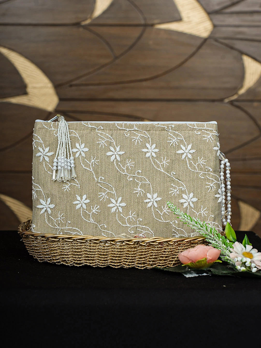 Ada Hand Embroidered Dry Sage Green Tissue  Lucknowi Chikankari Pouch 01A872364