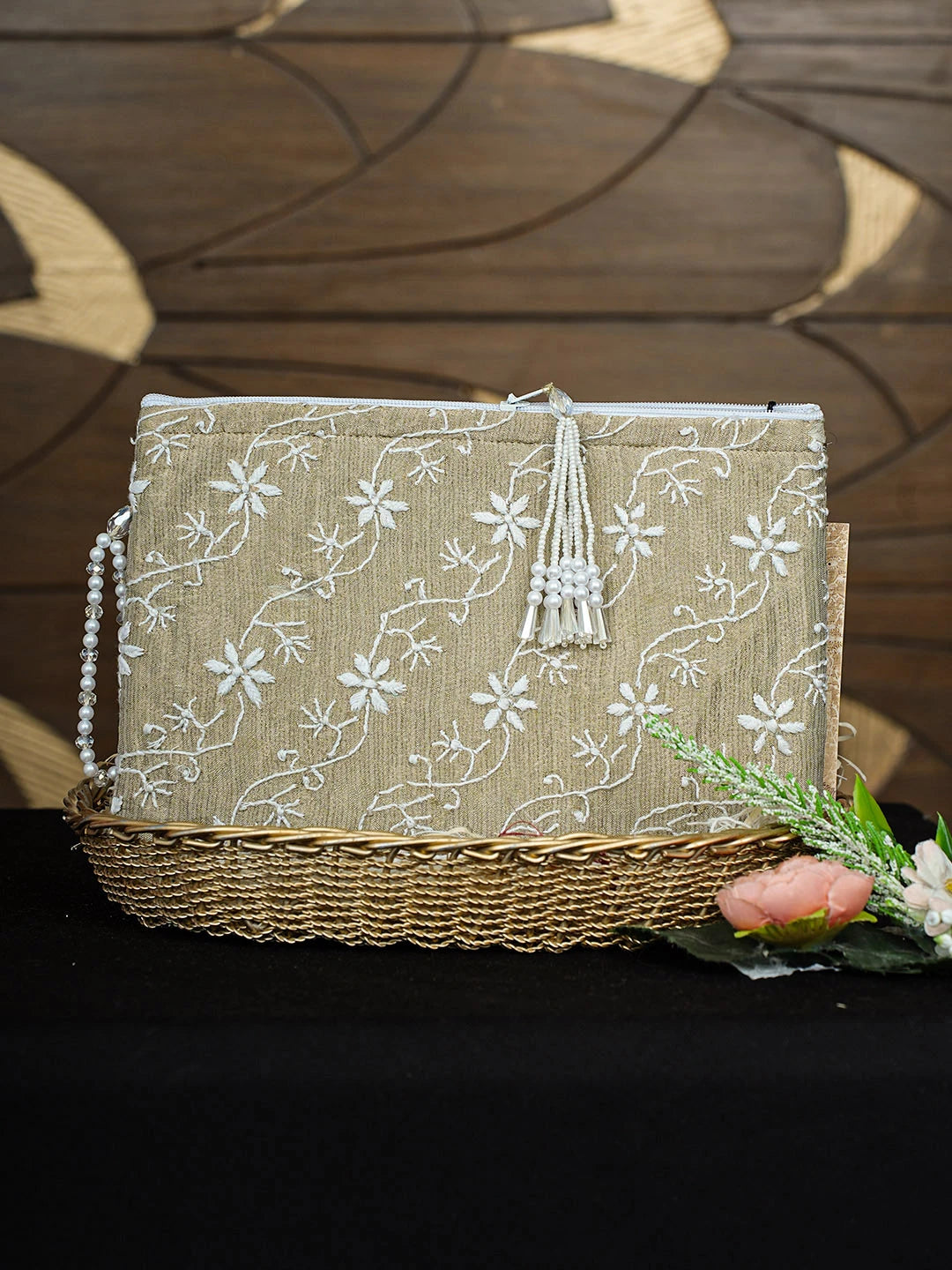 Ada Hand Embroidered Dry Sage Green Tissue  Lucknowi Chikankari Pouch 01A872364