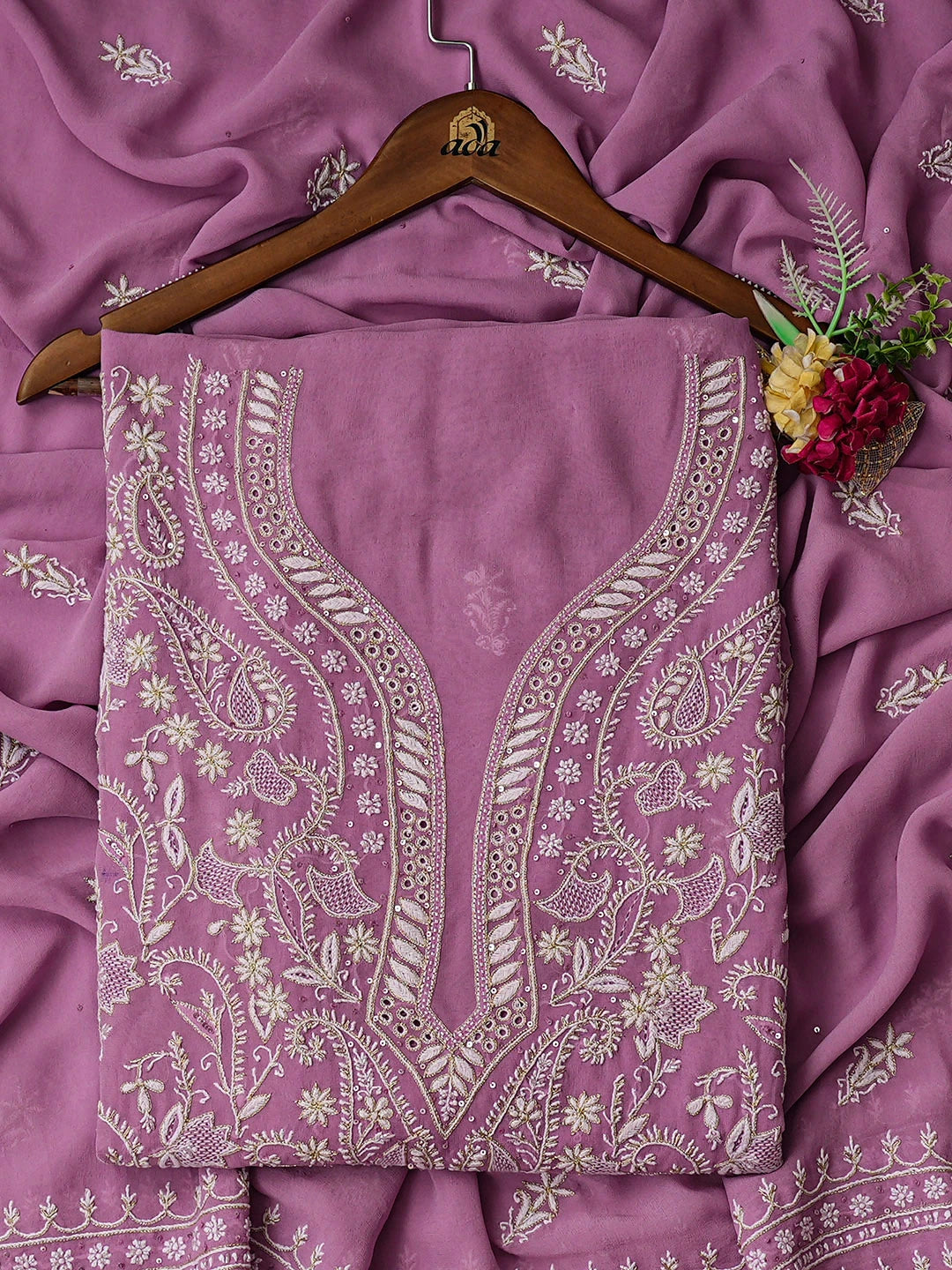 Ada Hand Embroidered Mauve Viscose Georgette Lucknowi Chikankari Unstitched Kurta Dupatta Set With Cutdana Work 01A516853