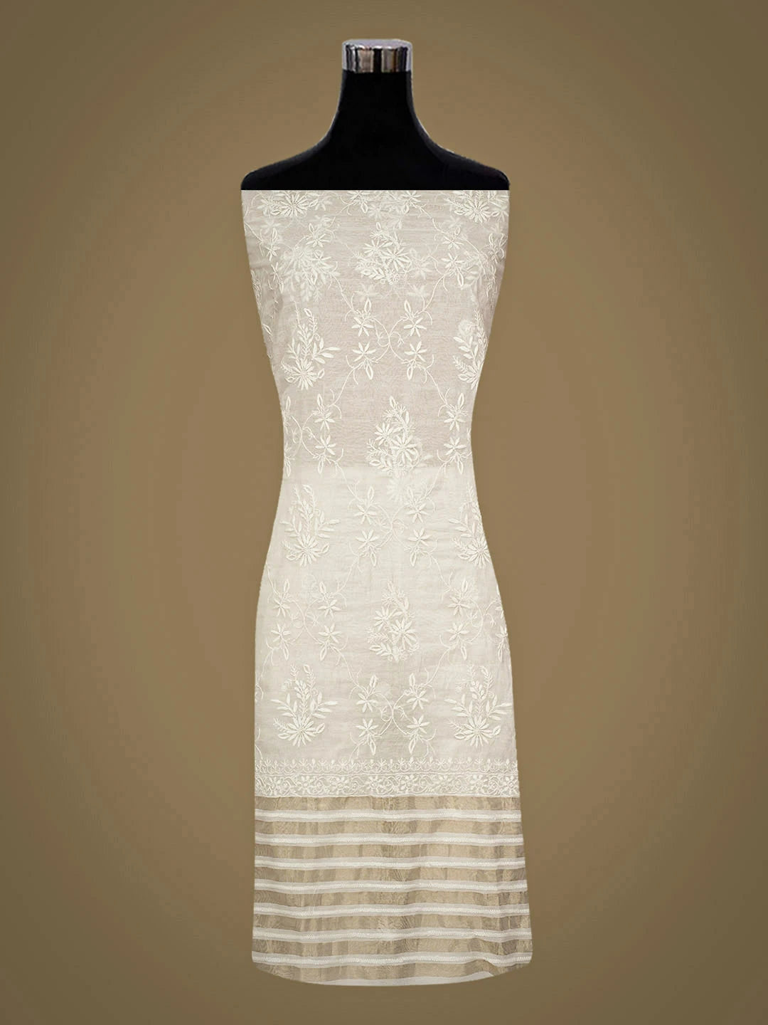 Ada Hand Embroidered White Chanderi Lucknowi Chikankari Unstitched Kurta Dupatta Set 01A939425