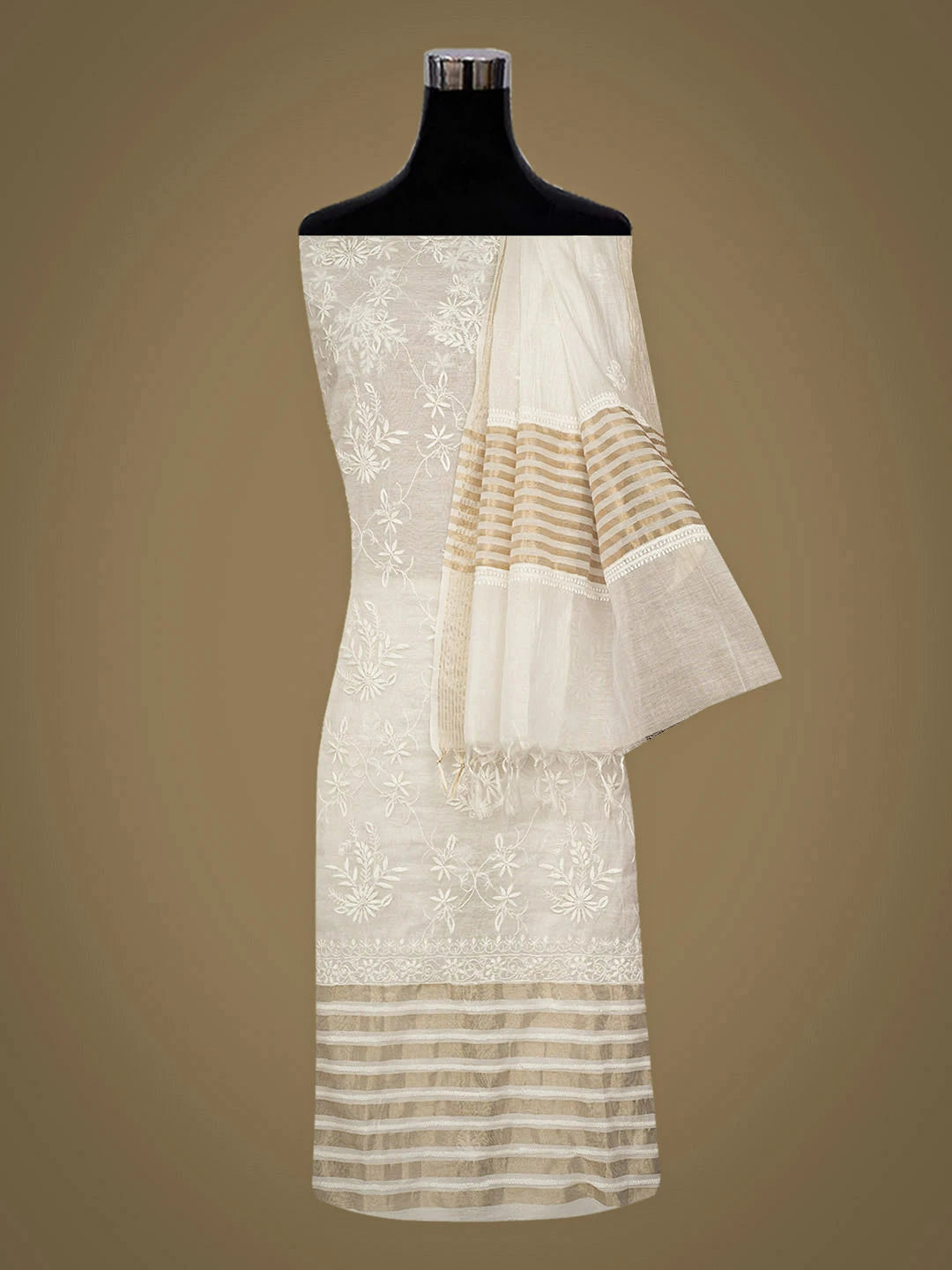 Ada Hand Embroidered White Chanderi Lucknowi Chikankari Unstitched Kurta Dupatta Set 01A939425