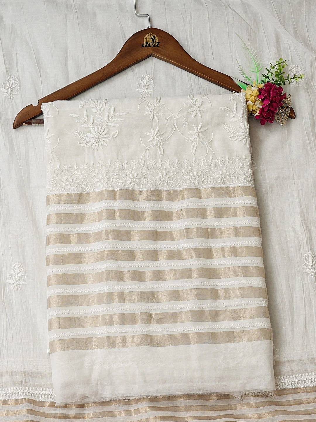 Ada Hand Embroidered White Chanderi Lucknowi Chikankari Unstitched Kurta Dupatta Set 01A939425