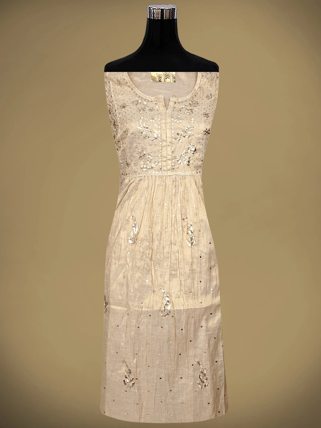 Ada Hand Embroidered Fawn Tissue Semi-Stitched A-line Kurta Dupatta Set With Muqaish Work 01A947825
