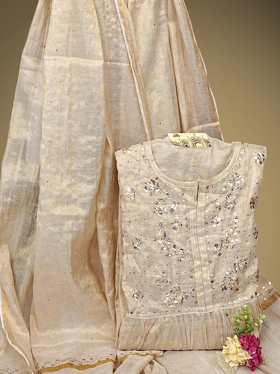 Ada Hand Embroidered Fawn Tissue Semi-Stitched A-line Kurta Dupatta Set With Muqaish Work 01A947825