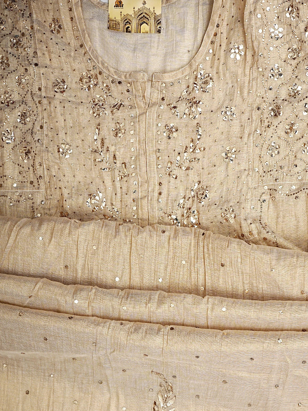 Ada Hand Embroidered Fawn Tissue Semi-Stitched A-line Kurta Dupatta Set With Muqaish Work 01A947825