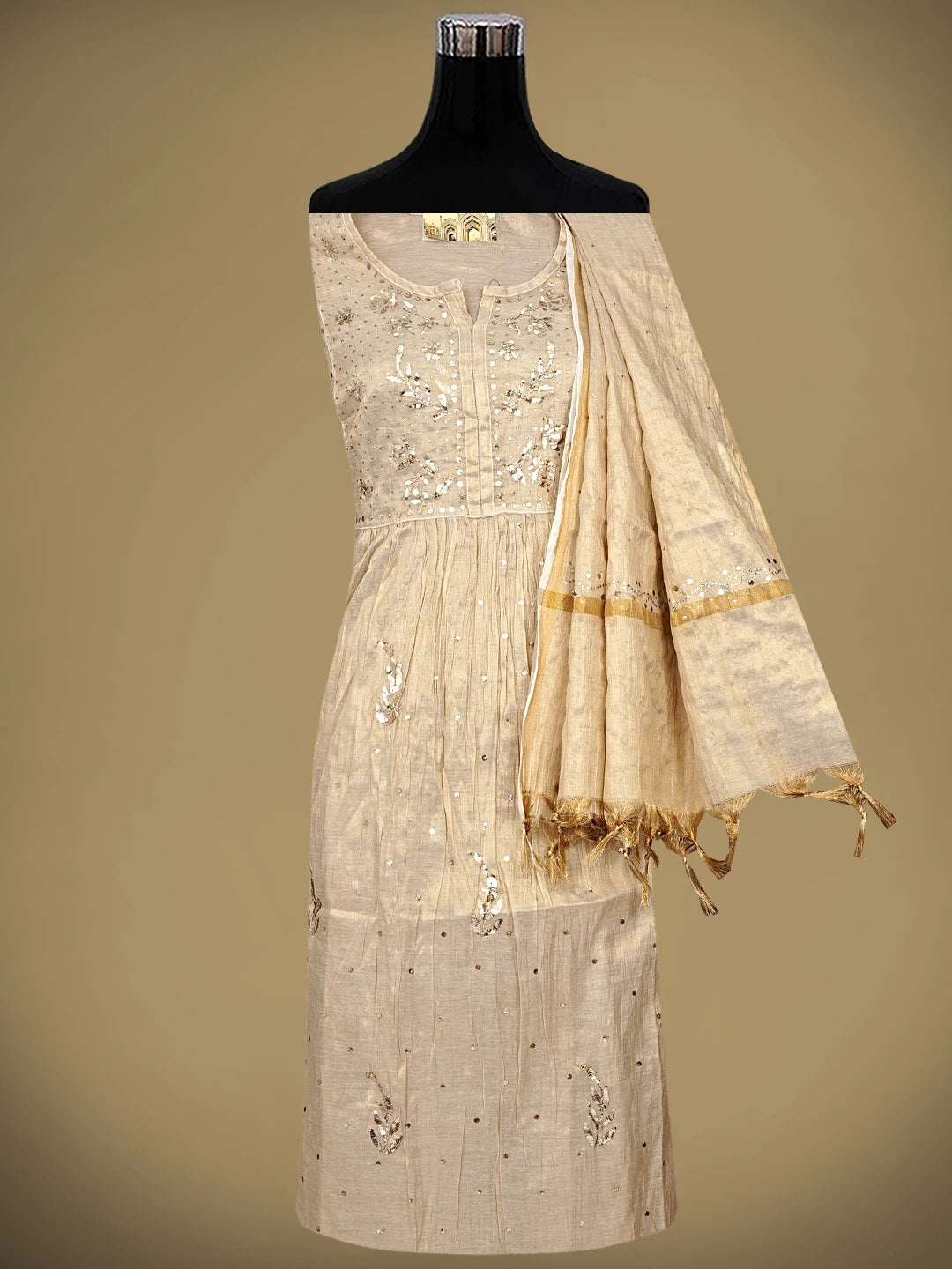 Ada Hand Embroidered Fawn Tissue Semi-Stitched A-line Kurta Dupatta Set With Muqaish Work 01A947825