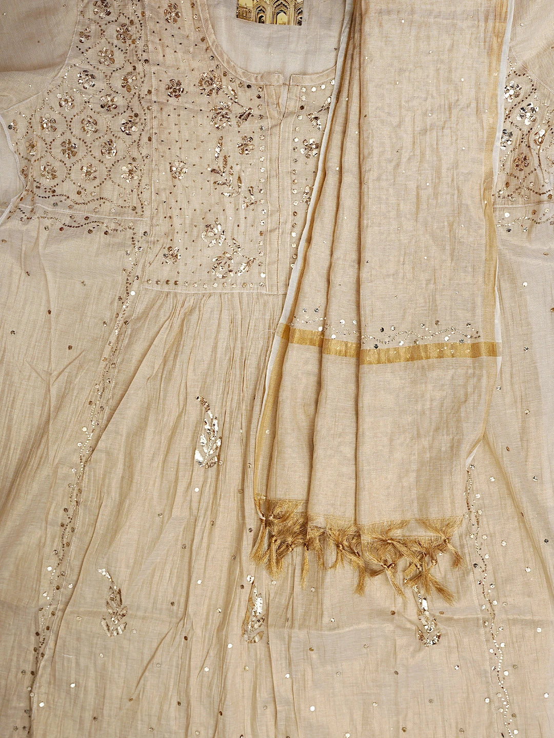 Ada Hand Embroidered Fawn Tissue Semi-Stitched A-line Kurta Dupatta Set With Muqaish Work 01A947825