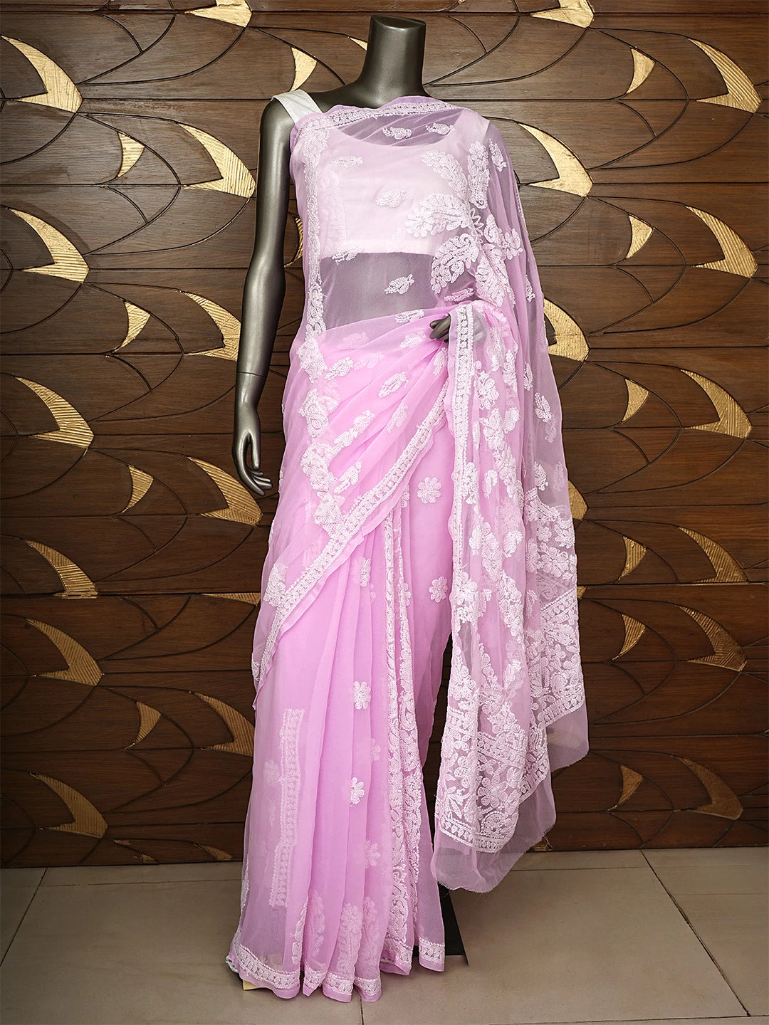 Ada Hand Embroidered Pink Georgette Lucknowi Chikankari Saree and Blouse 01A947711