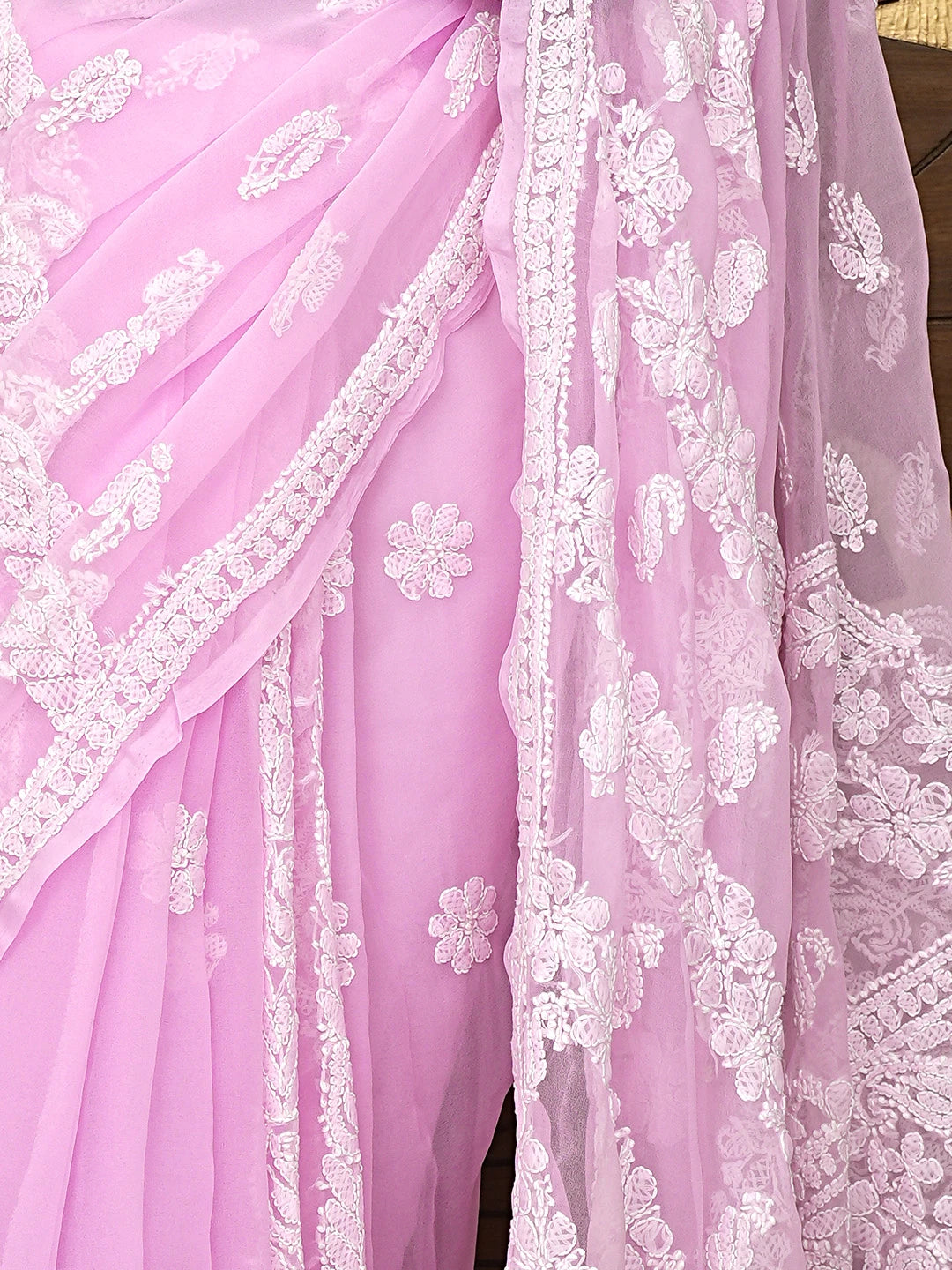 Ada Hand Embroidered Pink Georgette Lucknowi Chikankari Saree and Blouse 01A947711