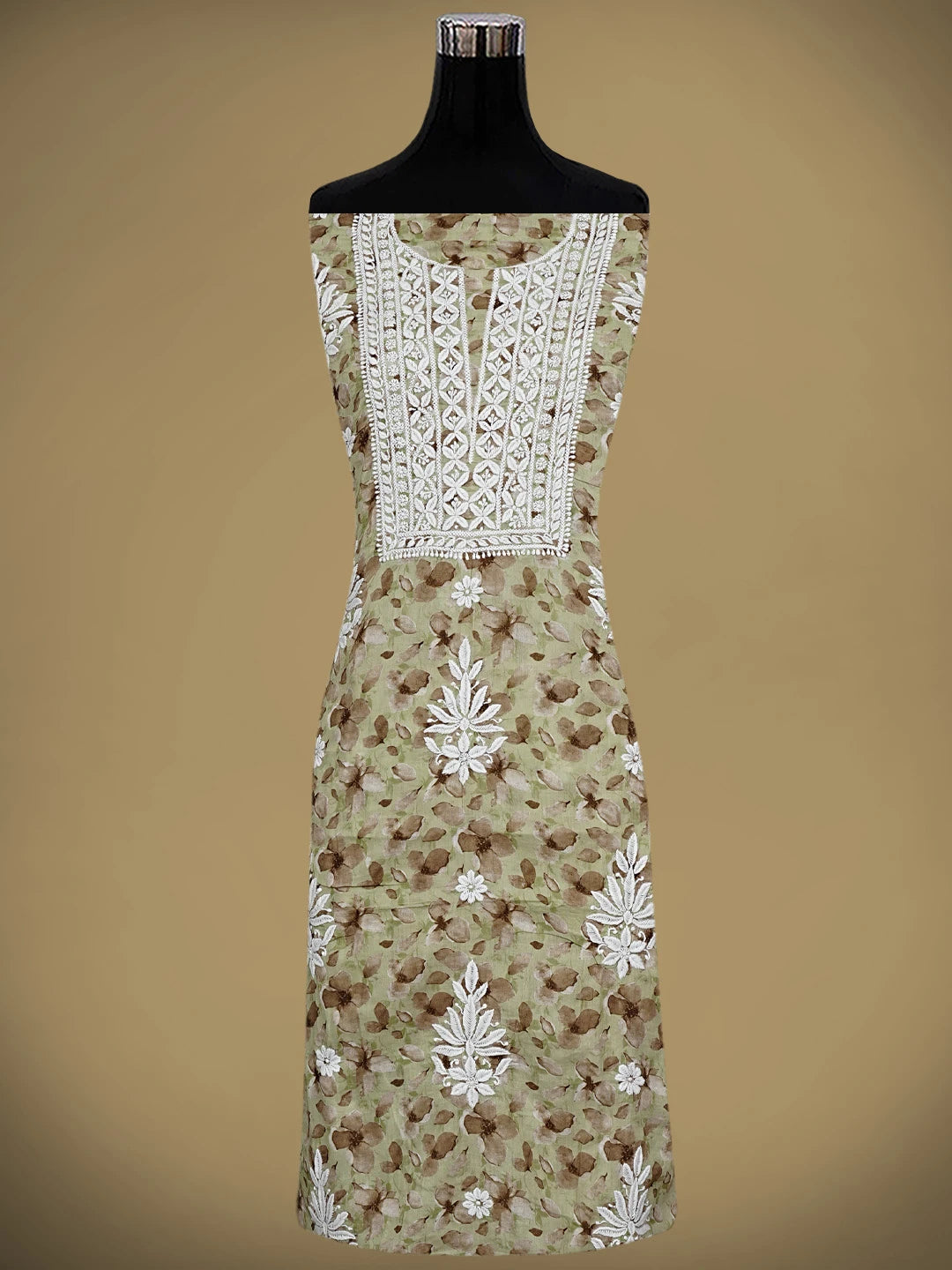Ada Hand Embroidered Floral Printed Green Cotton Lucknowi Chikankari Kurta Dupatta Set 01A898214